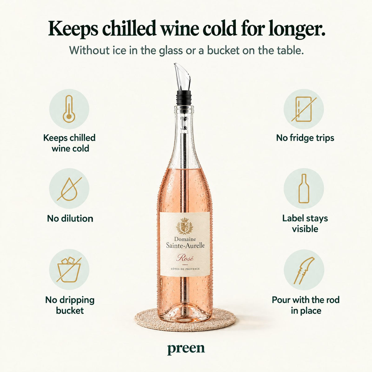 Keeps chilled wine cold for longer, without ice or a bucket