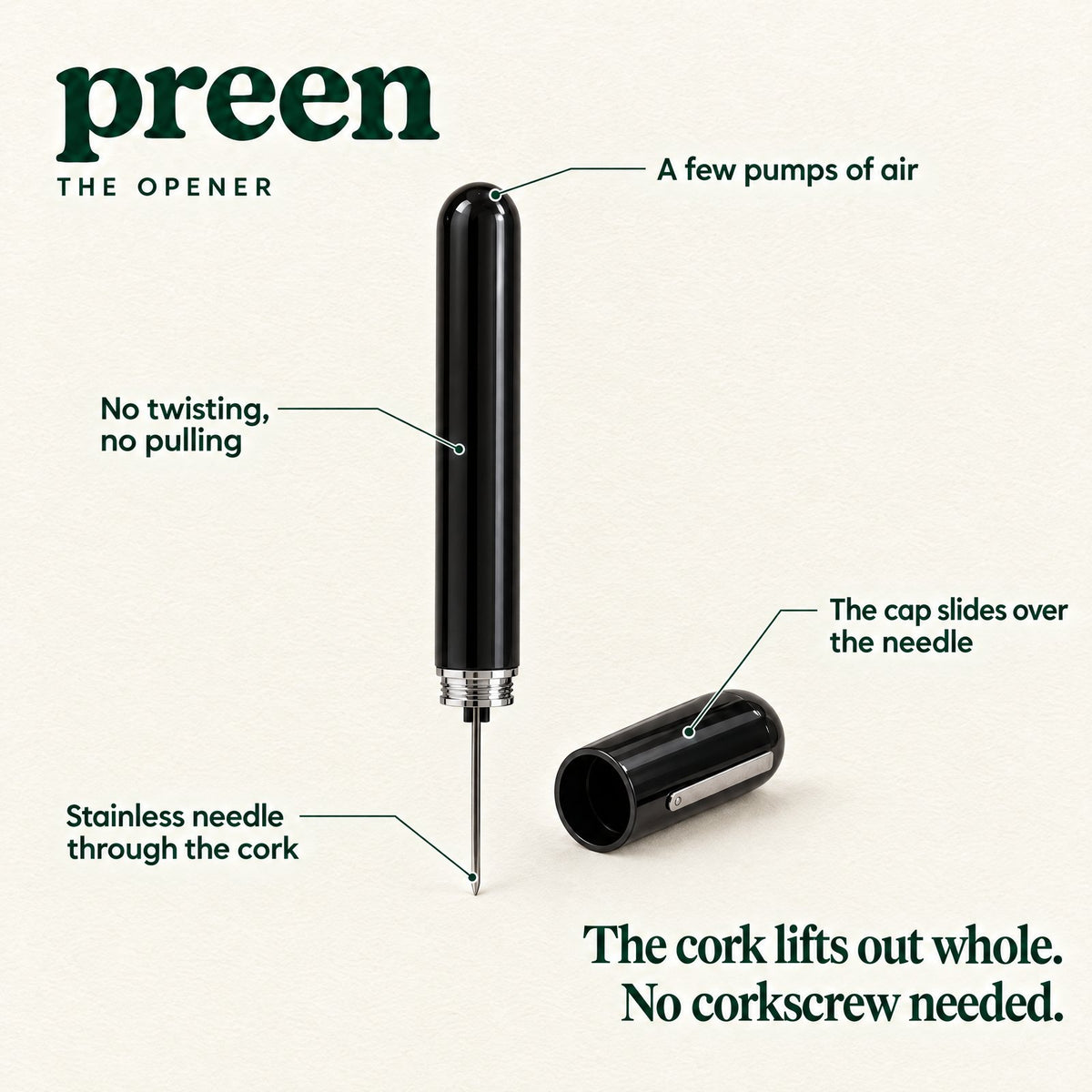 The Preen Opener: a few pumps of air, a stainless needle through the cork, a cap that slides over the needle, no twisting and no pulling. The cork lifts out whole.