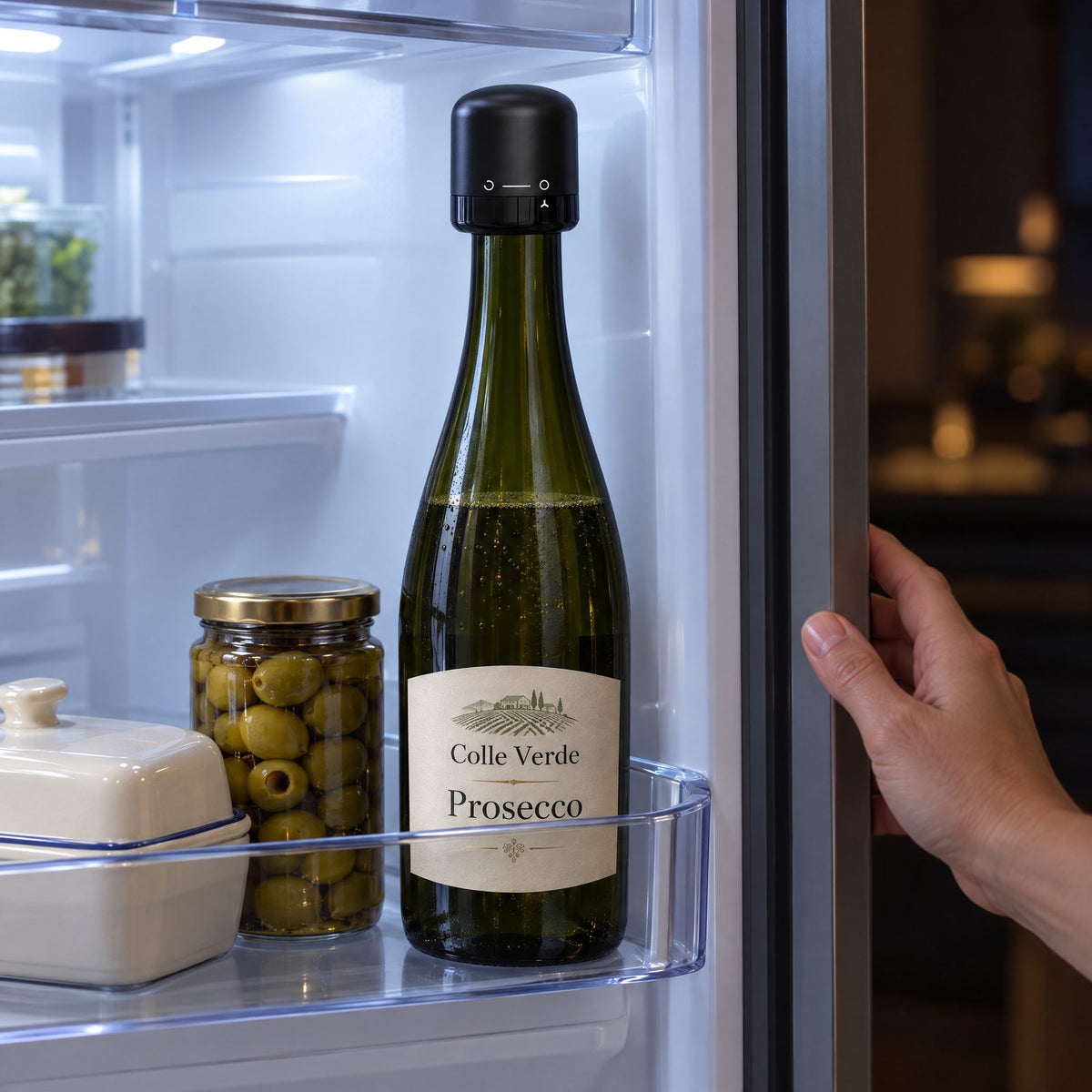 An opened bottle of Prosecco closed with the black Preen Stopper in the fridge door